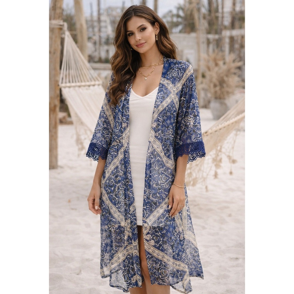 Xhilaration Boho Blue  Paisley‎ Sheer Kimono Dress Womens S
